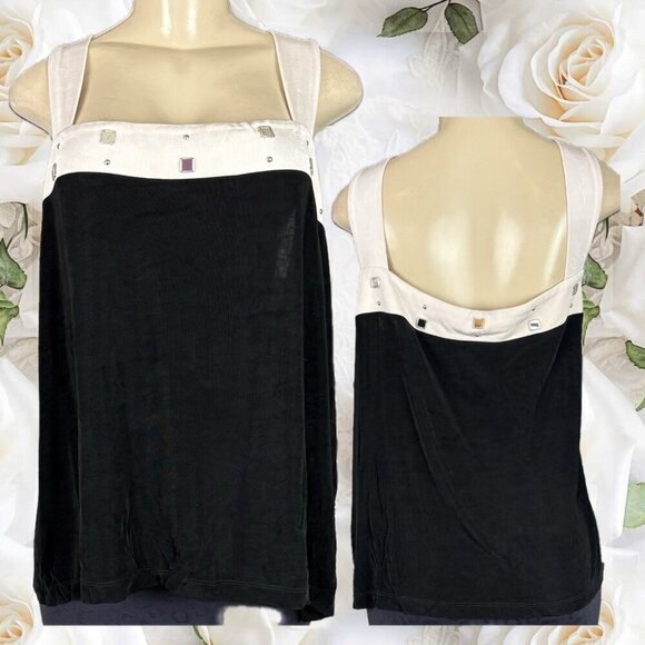 Slinky Brand 3X Black Stud Deta Cream Contrast Acetate Wide Strap Sleeveless Top - Picture 1 of 6